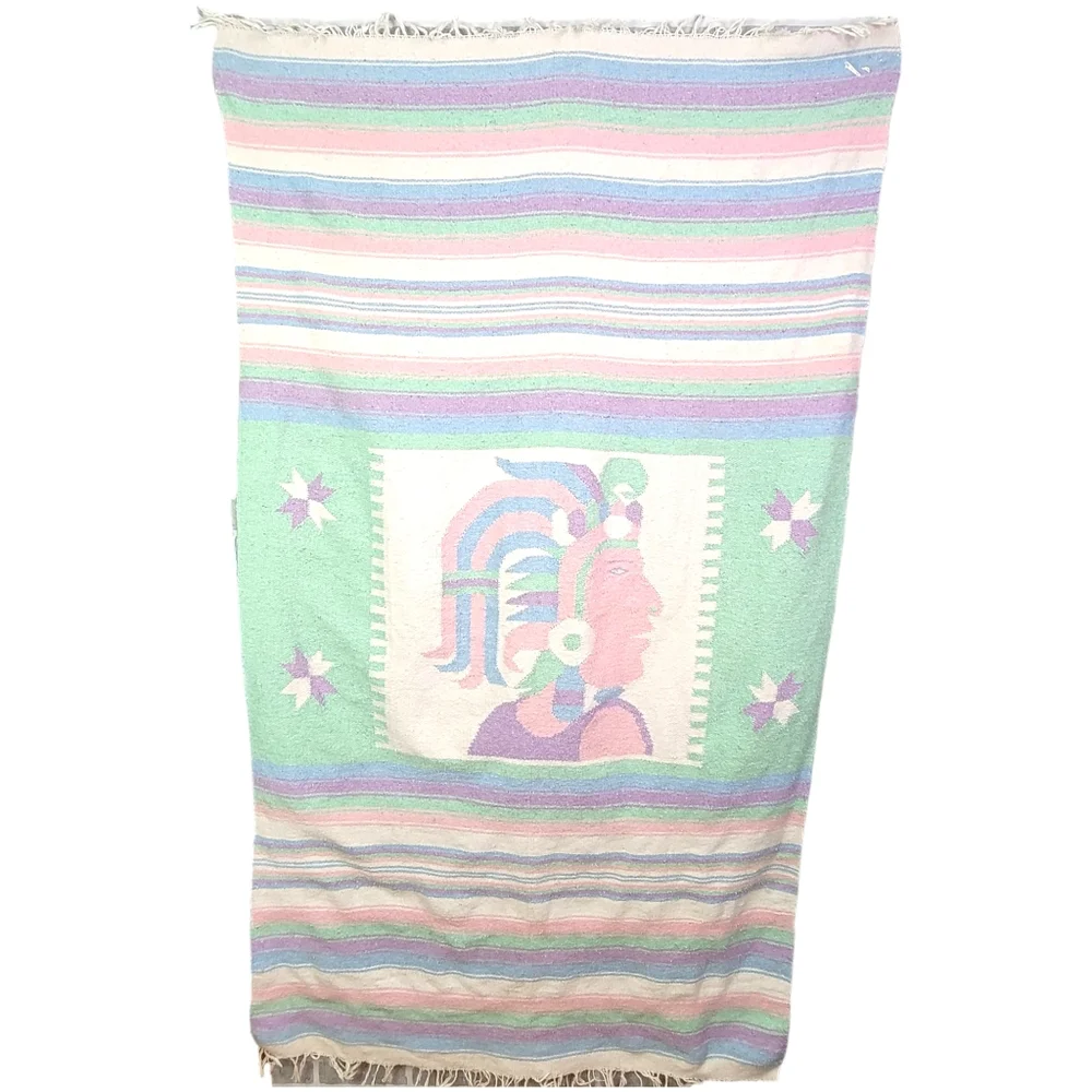 Pastel Striped Aztec Warrior Native American Woven Fringe Saddle Blanket 45x80